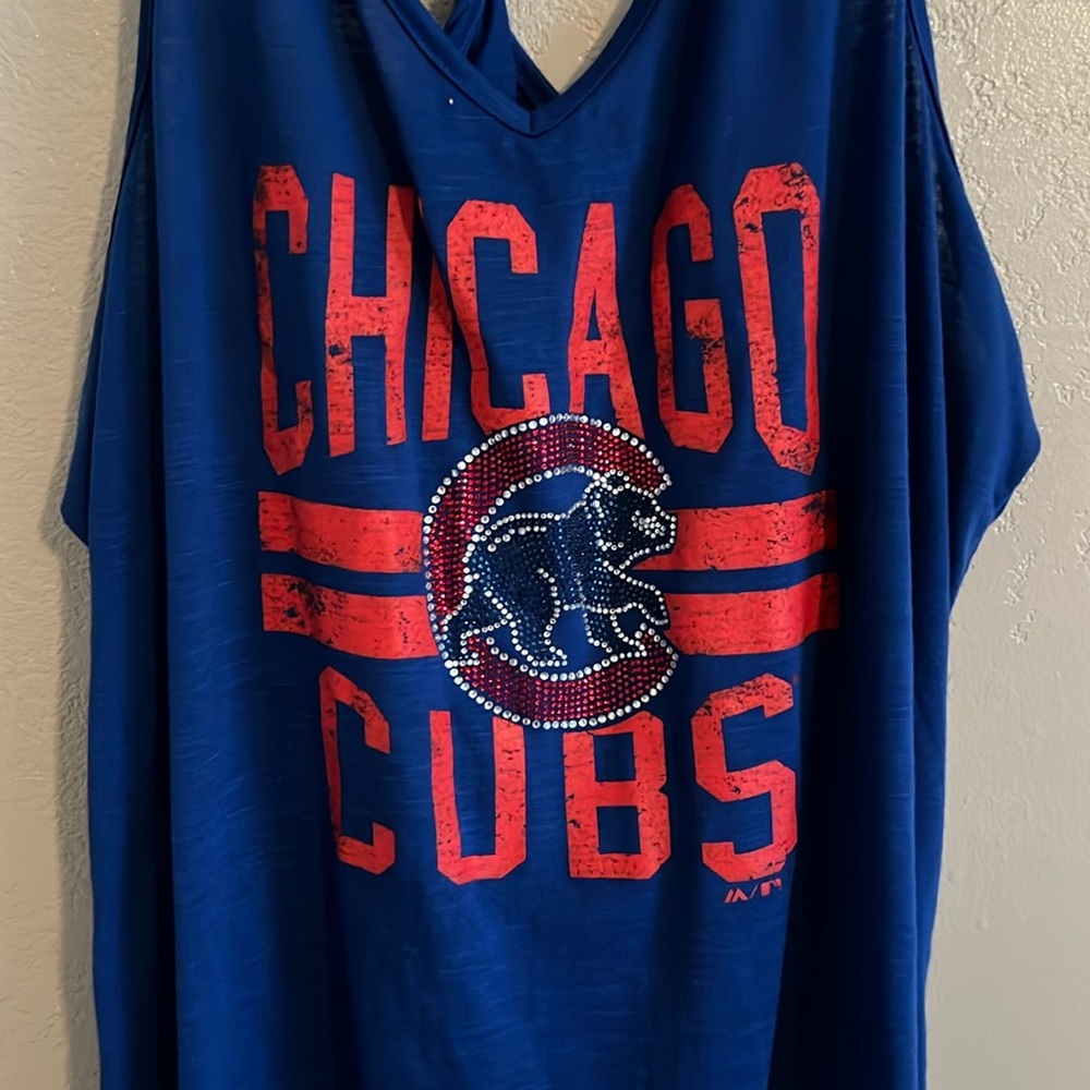 Majestic Blue Chicago Cubs Tank with Red Graphic and Rhinestones